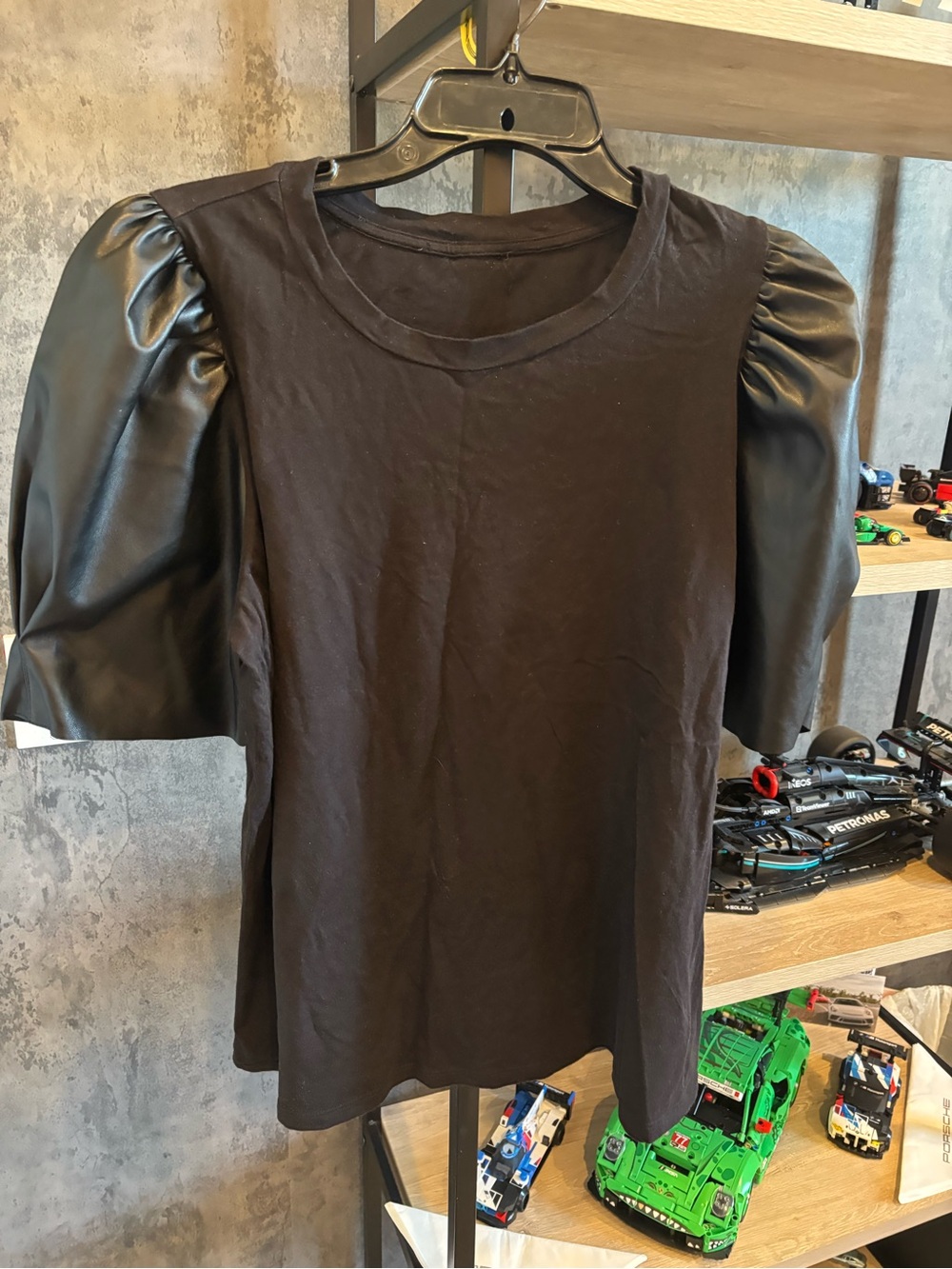 MICHAEL Michael Kors Black Tee with Faux-Leather Puff Sleeves
